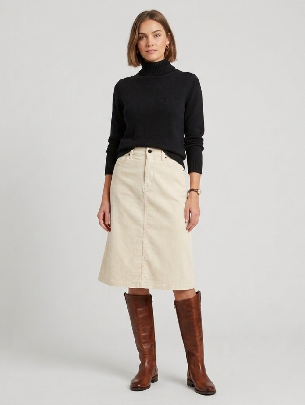 MUJI Corduroy Midi Pencil Skirt Womens M Ivory Pockets Preppy Classic Academia